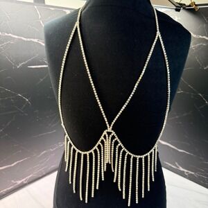 Silver Rhinestone Fringe Body Chain Bra Festival Jewelry Harness Accessory